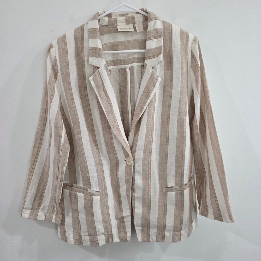 Chicos Womens Blazer Jacket Size Medium Striped Linen Blend Business Coastal